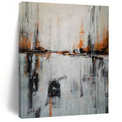 “Orange & Black Strokes on White: City Reflection” - Abstract Landscape Painting CT0384