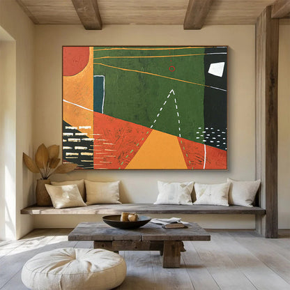 “Geometric Play in Green, Orange, and Black” - Modernist Acrylic Composition CT1808