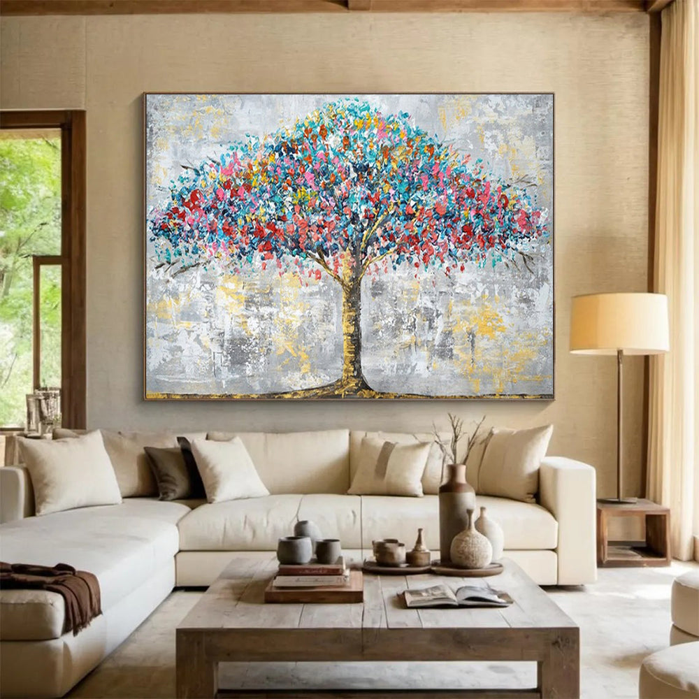 “Rainbow Tree” - Vivid blues, reds, yellows; textured, colorful tree against gray CT1514
