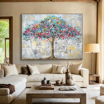 “Rainbow Tree” - Vivid blues, reds, yellows; textured, colorful tree against gray CT1514