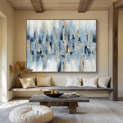 “Blue - Gold Rhythm” - Blues, whites, metallic gold; scattered, rhythmic abstract shapes CT1519