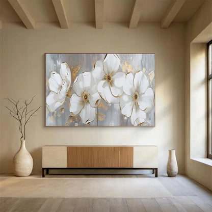 “Hand - painted White Flowers with Gold” - White flowers and gold accents on gray CT1653