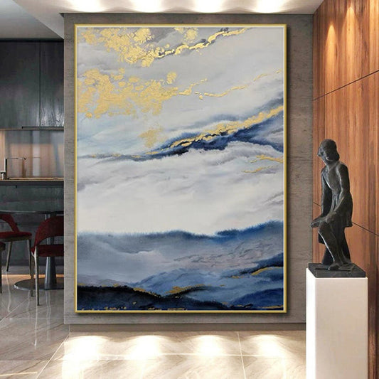 “Blue - White Clouds with Gold Streaks”，Abstract Landscape Acrylic Painting CT0584