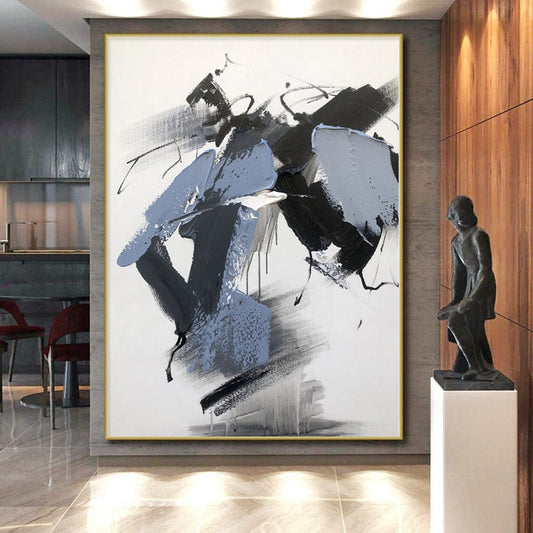 “Black - White - Blue Textured Abstraction” - Abstract Expressionist Art CT0498