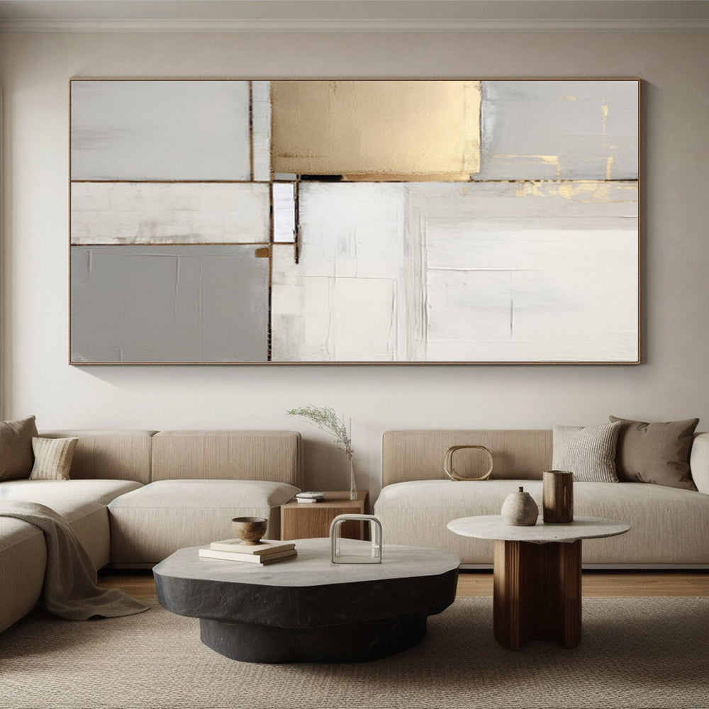 “Gold, Gray & White Blocks: Elegant Abstraction” - Abstract Elegant Painting CT0390