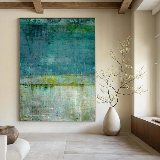 “Teal and Green Textured Layers” Mixed - Media Art CT0182