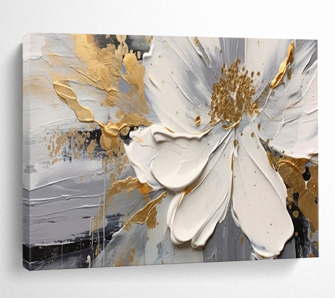 “Gilded Floral Elegance” – Whites, grays, golds in thick, textured flower petals CT1703