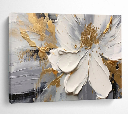 “Gilded Floral Elegance” – Whites, grays, golds in thick, textured flower petals CT1703