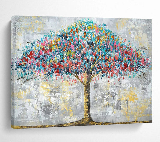 “Colorburst Tree of Life” - Blues, reds, pinks, yellows; vibrant, textured tree against a muted background CT1598
