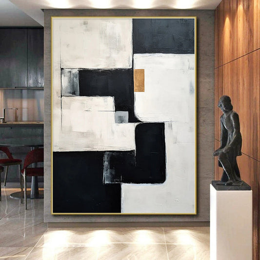 “Geometric Gold Accent” - Abstract Art with Black, White, Gray, Gold CT0082