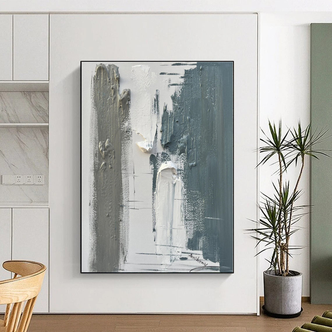 “Gray - White Textured Abstraction” - Abstract Expressionist Art CT0494