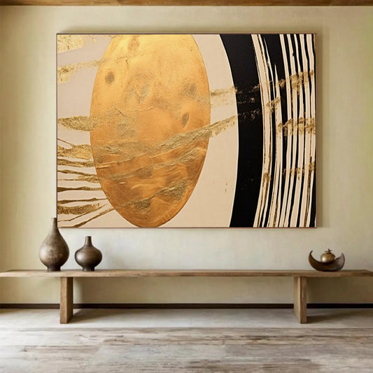 “Golden Orb & Stripes” – Abstract Minimalist Acrylic Painting CT1712