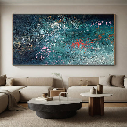 “Deep Sea Sparkle” - Abstract Painting with Teal Background, Pink and Orange Flecks CT0002