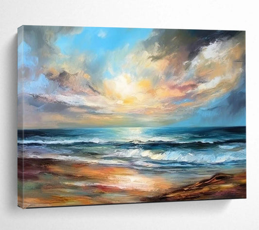 “Realistic Seaside Sunset II” - Blue, orange, yellow, purple; detailed sunset beach scene (twin piece) CT1594