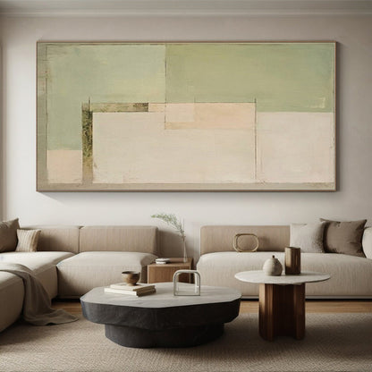 “Soft Green - Beige Minimalist Blocks” - Abstract Subtle Painting CT0398