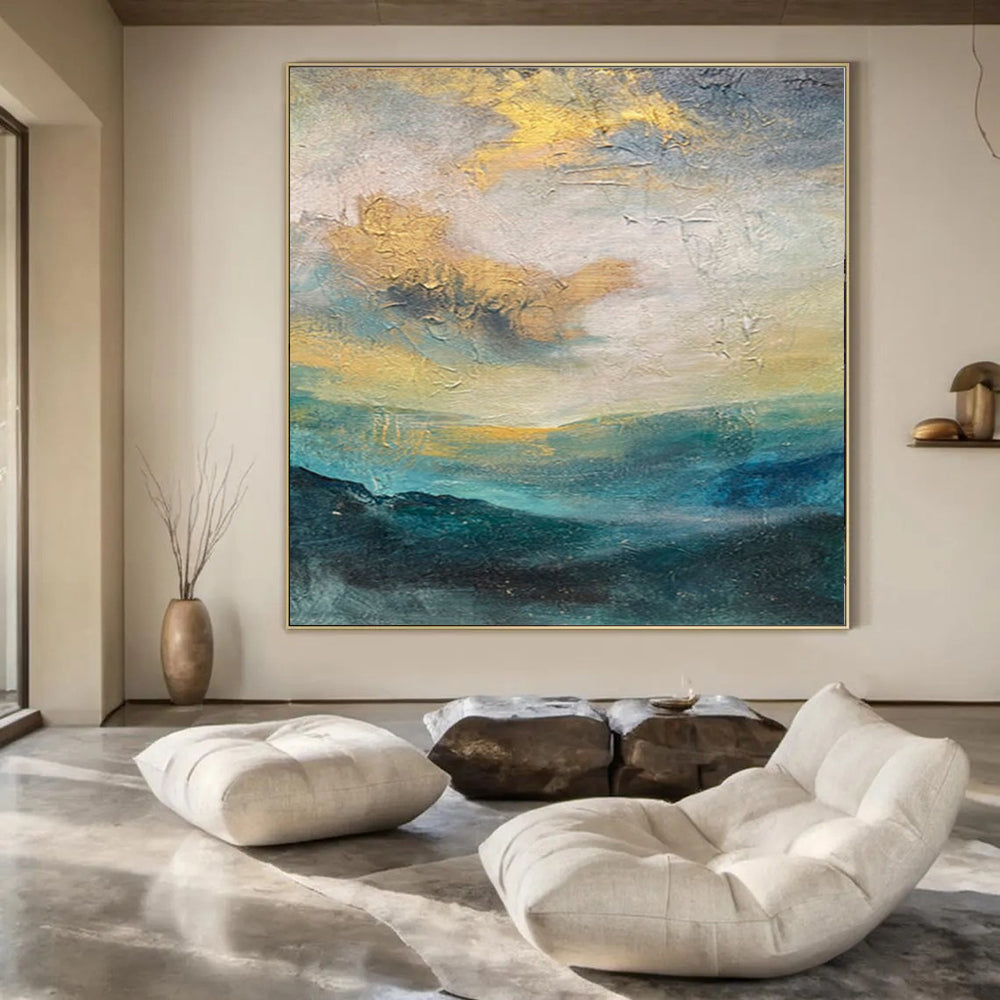 “Gold, Blue, Gray Hazy Landscape” – Abstract Landscape Painting CT1004