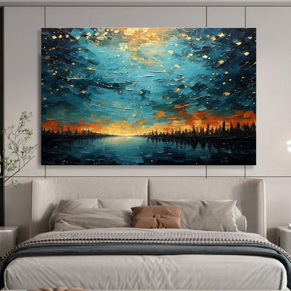 “Starry Lake Vista” - Blue, Gold, Orange Landscape Fantasy Painting On Canvas DKH706