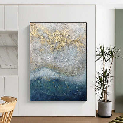 “Textured Gray - Gold Abstraction” - Gray, Gold & Blue Impasto Painting On Canvas DKH0958