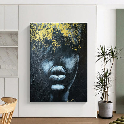 “Textured Black and Gold Portrait” – Abstract Impasto Portrait Painting On Canvas CT2153