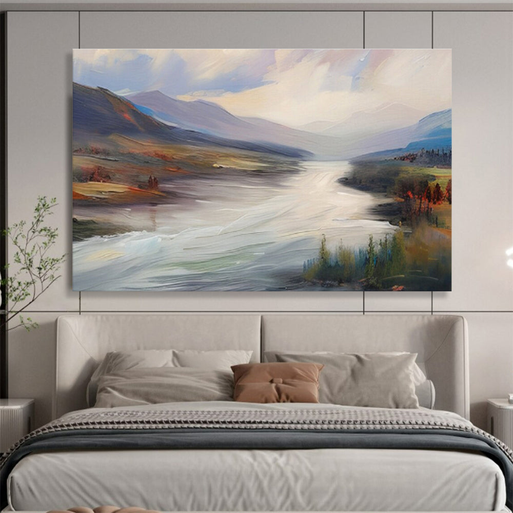 “River & Mountain Vista” Impasto Landscape Painting On Canvas DKH469