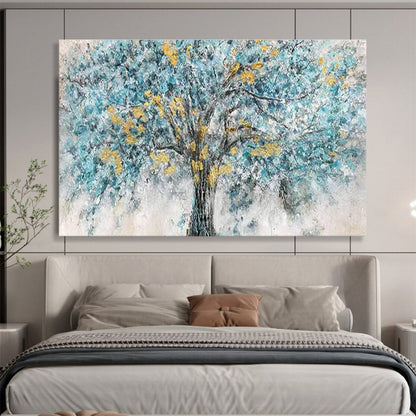 Blue Tree with Yellow Blossoms - Blue, Yellow & Gray Landscape Painting On Canvas DKH889