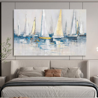 “Sailing in Style” - White, Gold & Blue Nautical Painting On Canvas DLZ257