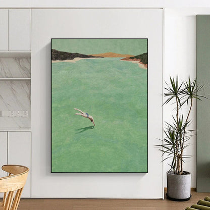 “Diver in Green Water” - Green, Blue, Brown Landscape Painting On Canvas DTP304