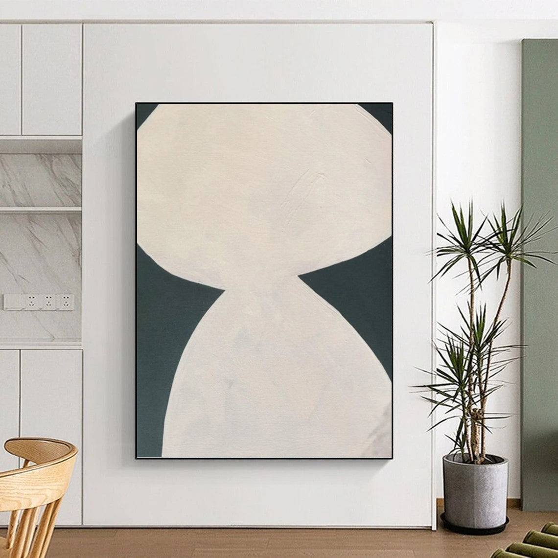 “White Hourglass - like Shape on Dark Background” - Minimalist Abstract Painting On Canvas DKH1081