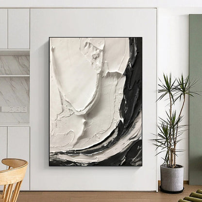 “White, Black Textured Swirls ‘Tactile Harmony’” - Impasto Abstract Painting On Canvas DTP387