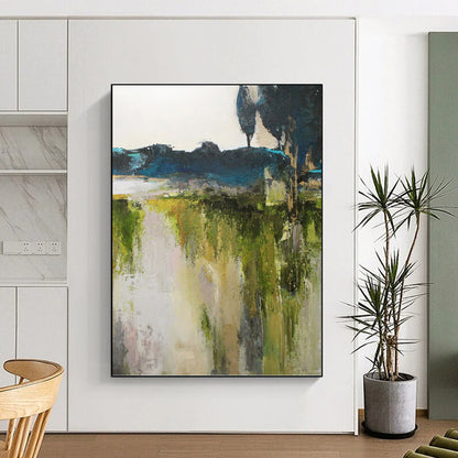 “Abstract Landscape Revisited” - Green, Blue, Gray & White Nature - Inspired Painting On Canvas DKH1022