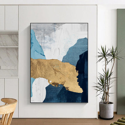 “Elegant Layers” - Blue, White, Gray & Gold Abstract Shapes Painting On Canvas DKH1527