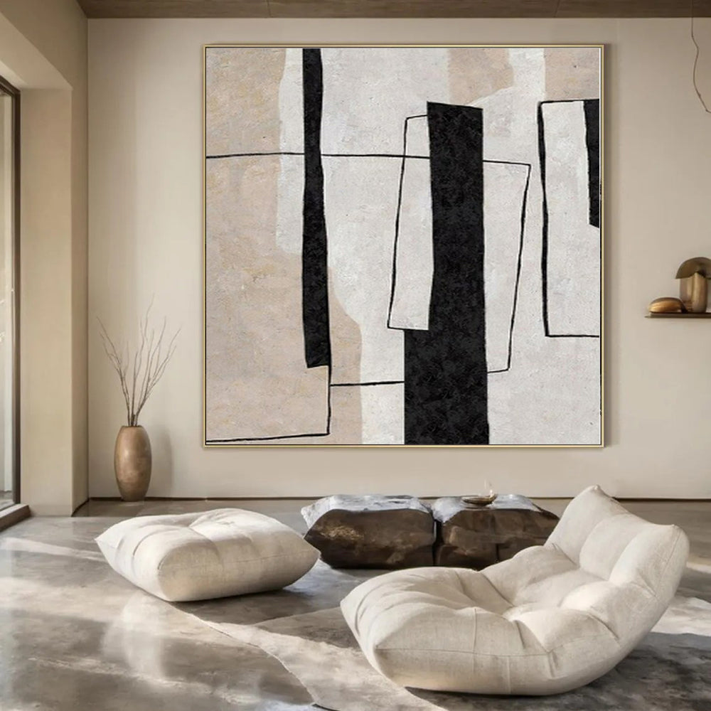 “Black - White - Beige Geometric Layers” – Geometric Abstract Painting CT1135
