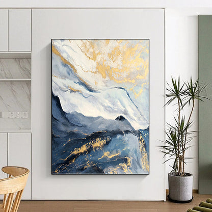 “Blue - Gray Mountain with Gold Accents” - Blue, Gray & Gold Abstract Landscape Painting On Canvas DKH0930
