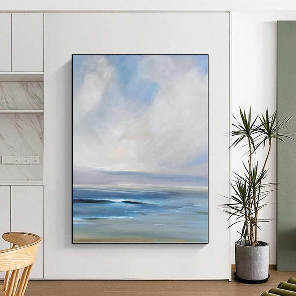 “Serene Coastal Blues” - Blue, White & Gray Impressionistic Seascape Painting On Canvas DKH0957