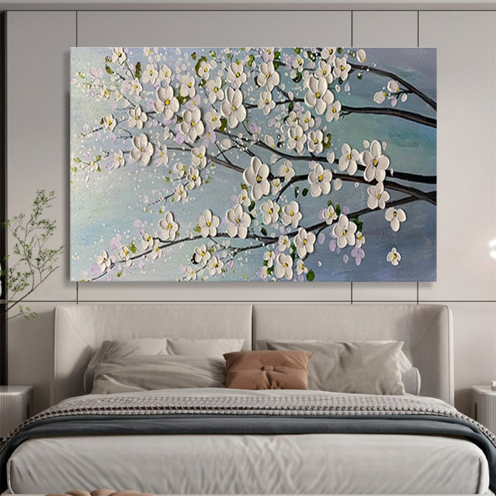 White Blossom Tree - White, Pink & Blue Floral Painting On Canvas DKH887