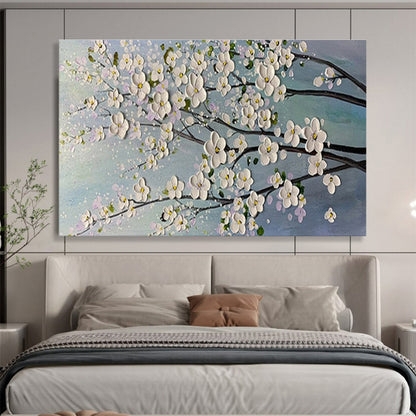 White Blossom Tree - White, Pink & Blue Floral Painting On Canvas DKH887