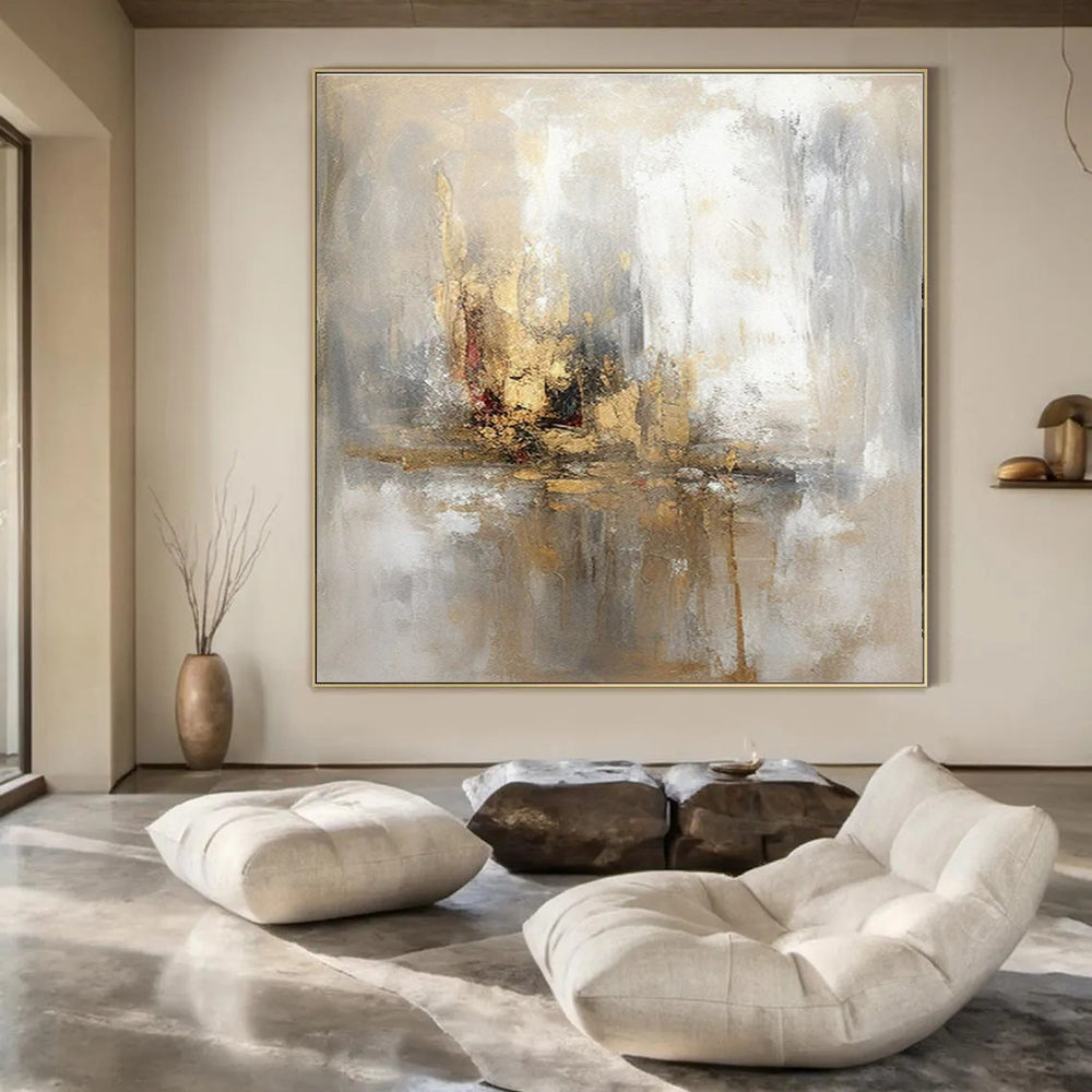 Grey, Gold, White & Red Abstract Reflection - "Ethereal Reflections" - Abstract Oil Painting CT1463