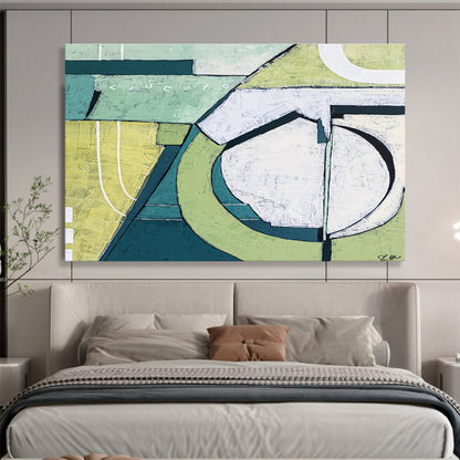 “Green - White Geometric Abstraction” Abstract Mixed - Media Painting On Canvas DKH543