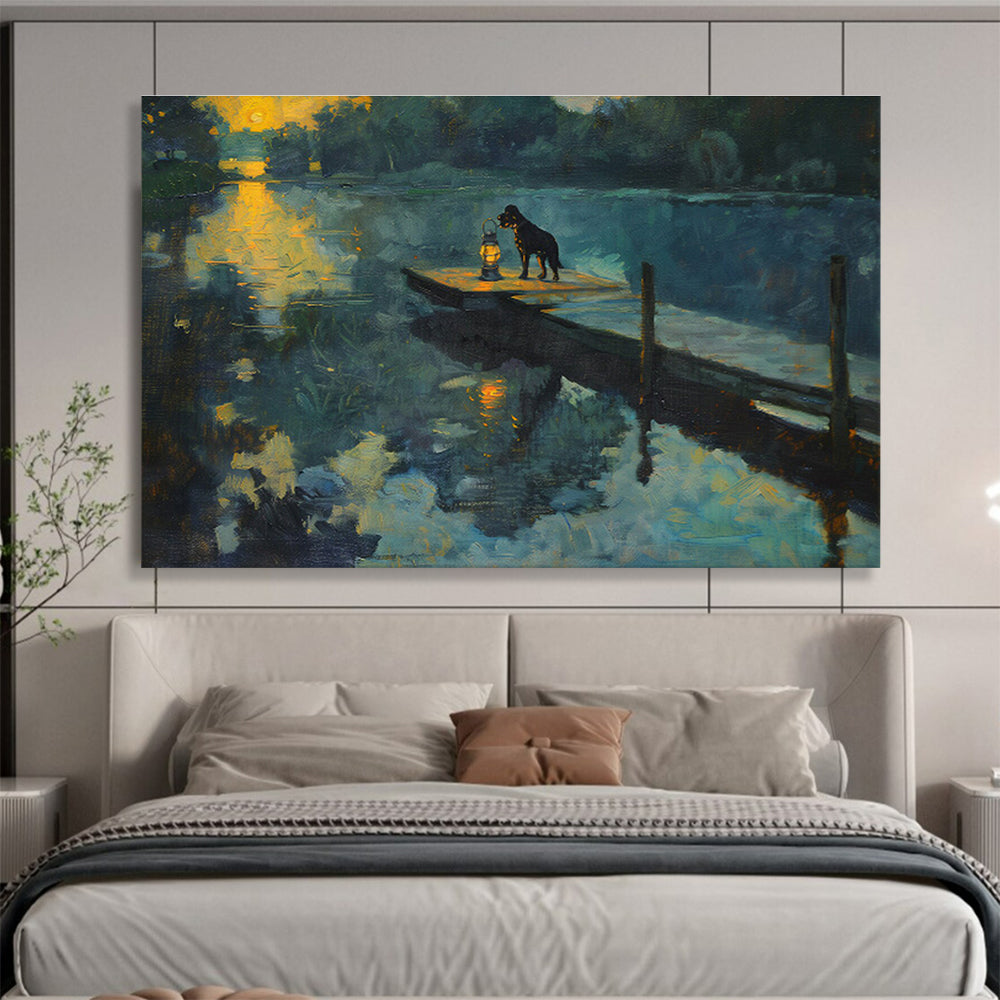 Dog by Lantern at Sunset River Realistic Painting On Canvas DKH221