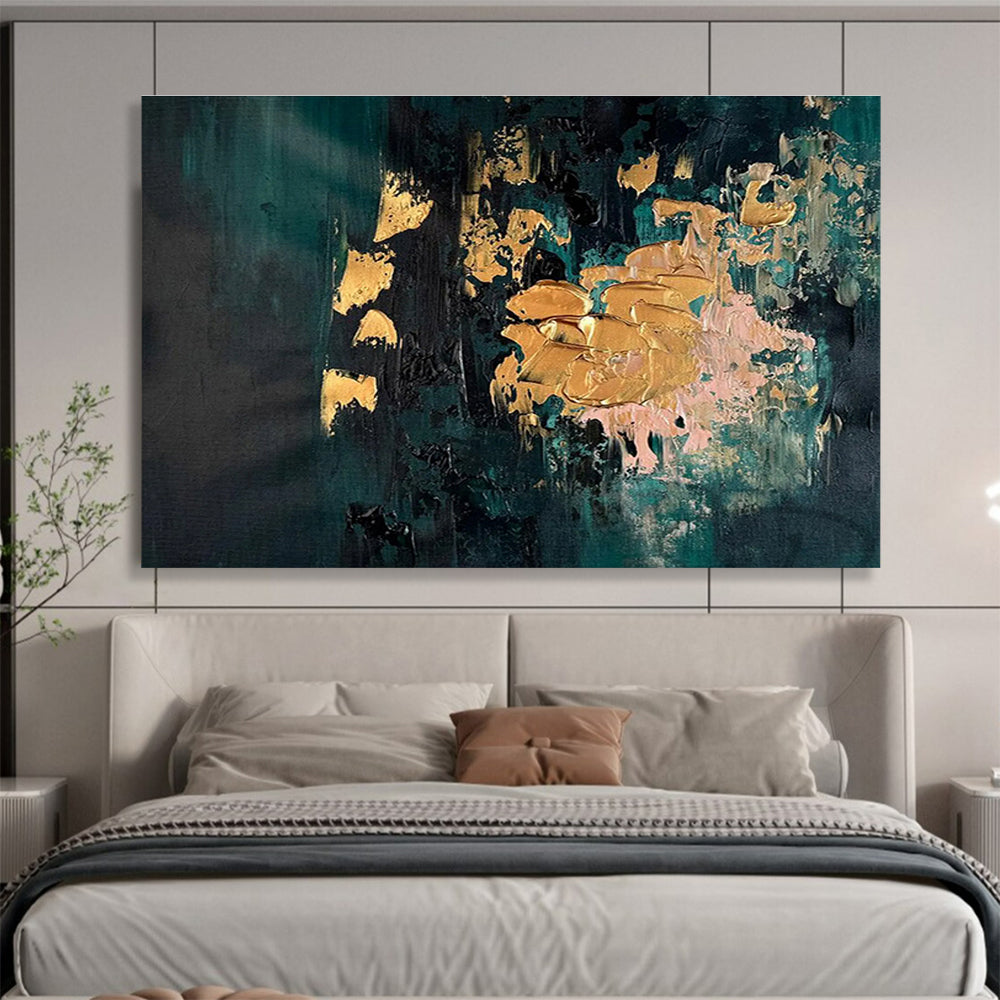 Teal and Gold Accents Dark Toned Abstract with Metallic Highlights Painting On Canvas DKH262