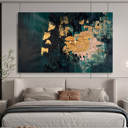 Teal and Gold Accents Dark Toned Abstract with Metallic Highlights Painting On Canvas DKH262