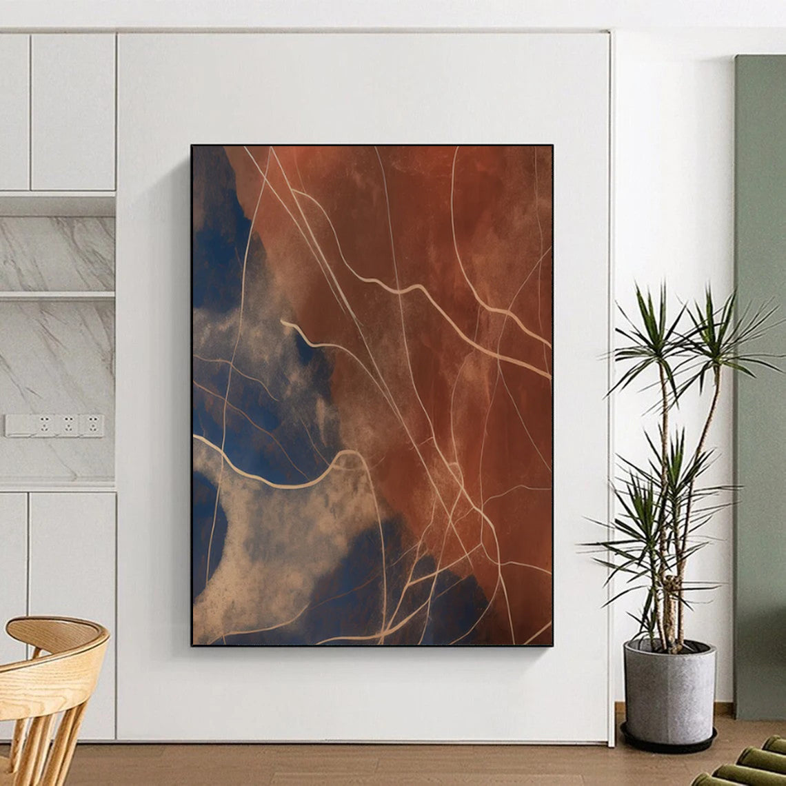“Blue - Brown Line Abstract” - Minimalist Abstract Painting On Canvas DTP120