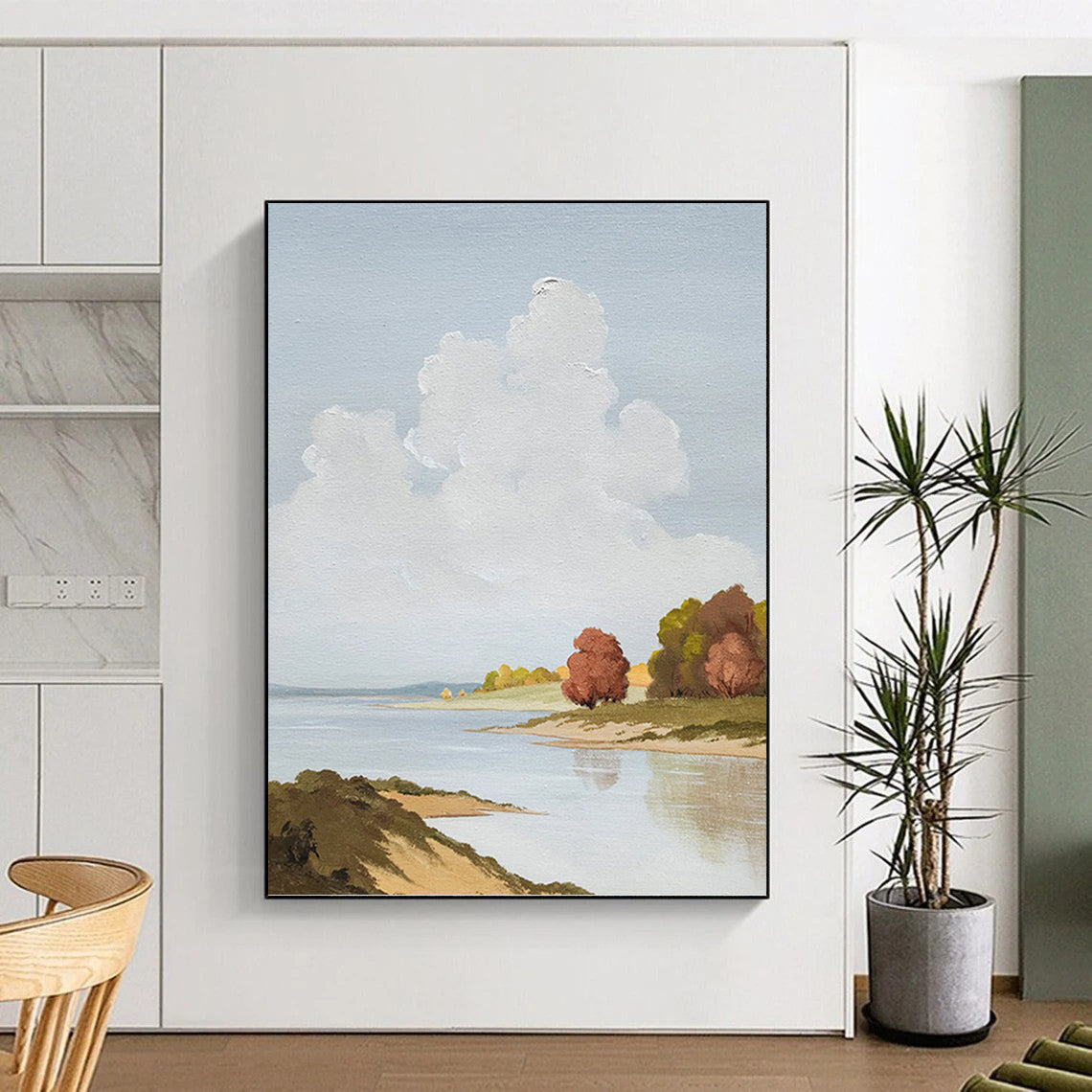 Serene Riverbank in Soft Blues and Greens - Landscape Painting On Canvas DKH1436