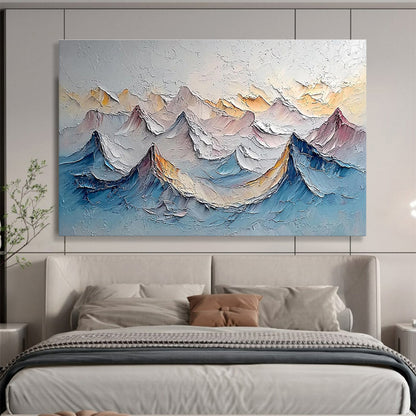 Layered Mountain Peaks - Gray, Blue & Yellow Landscape Painting On Canvas DKH902