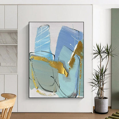 “Blue - Gold - Gray Geometric Abstraction” ，Abstract Acrylic Painting CT0796