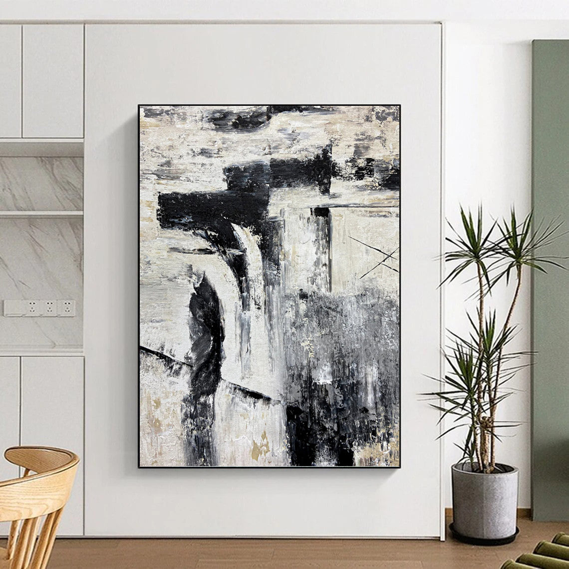 “Grayscale Abstract Composition” - Minimalist Geometric - Inspired Painting On Canvas DKH1680
