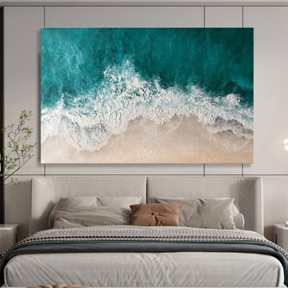 “Aerial Coastline” - Turquoise, White, Beige Seascape Textured Painting On Canvas DKH699