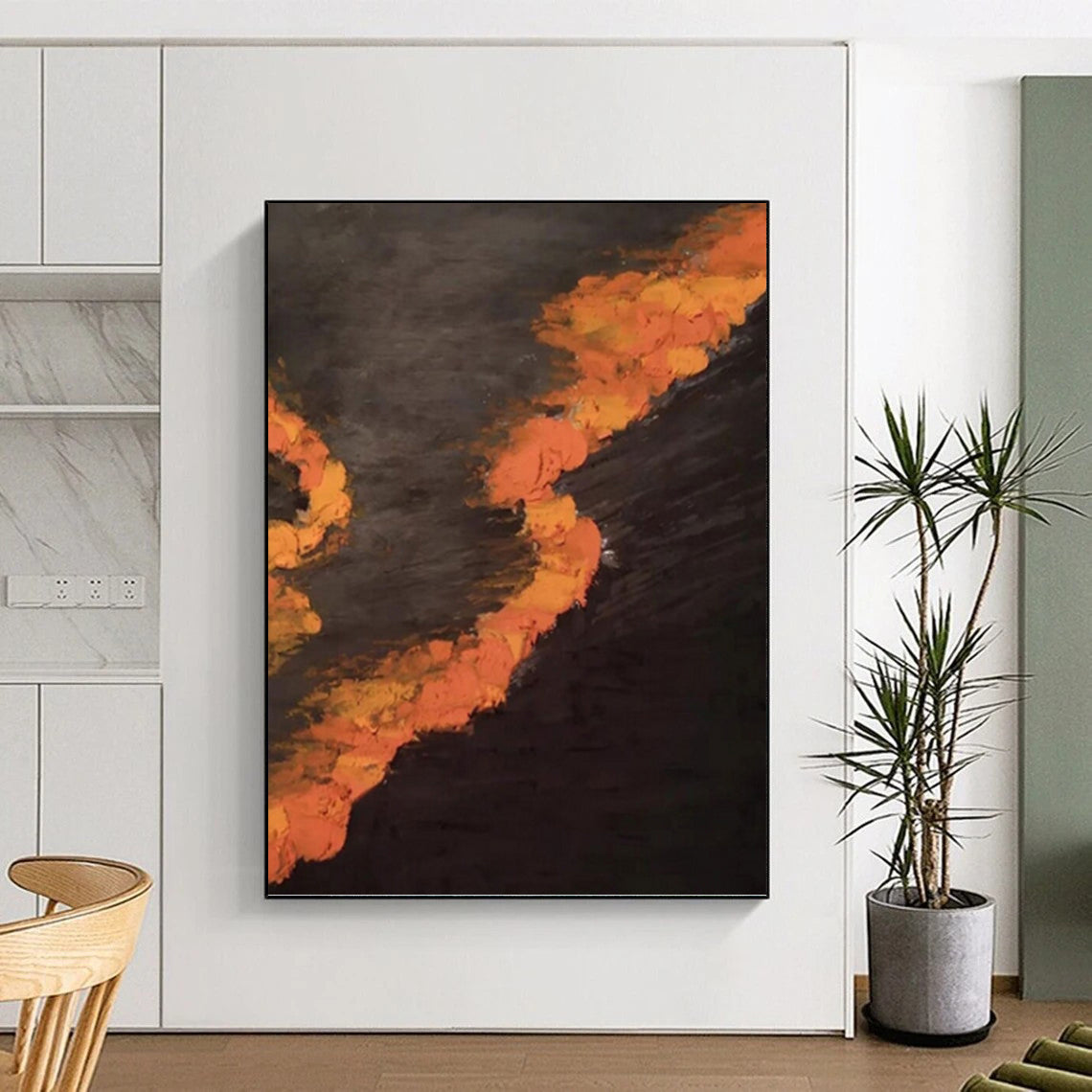 “Dark - Toned Orange Streaks” - Black & Orange Expressive Painting On Canvas DKH0961