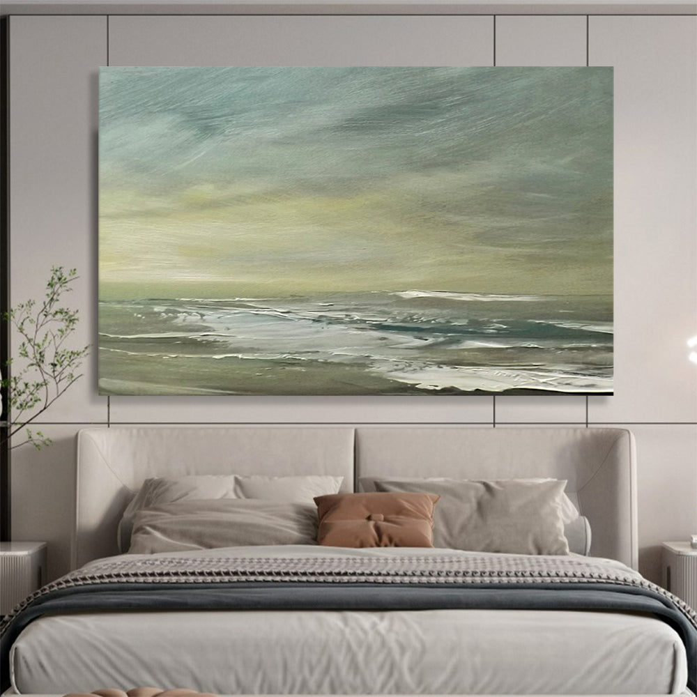 “Green, Gray, Coastal Breeze ‘Muted Shore’” - Impressionist Seascape Painting On Canvas DLZ027