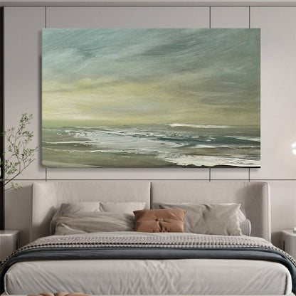 “Green, Gray, Coastal Breeze ‘Muted Shore’” - Impressionist Seascape Painting On Canvas DLZ027